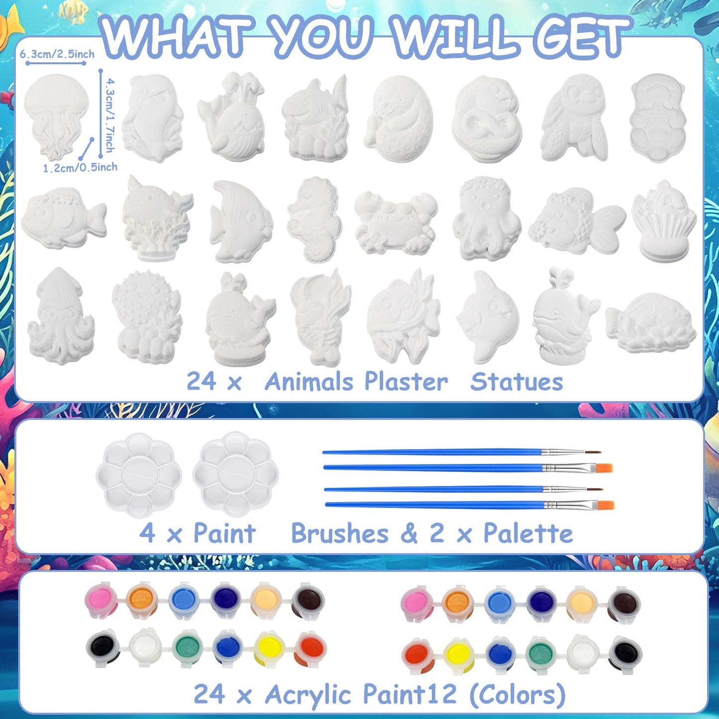 Yamgqus 24 Pcs Paint Your Own Plaster Jungle Animals Painting Kit, DIY Ceramic Arts and Crafts for Kids and Adults, Children Birthday Gift Party Event (Ocean)