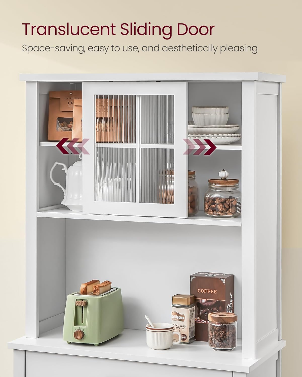 VASAGLE 71" Kitchen Pantry Cabinet with Lights and Charging Station, Coffee Bar Cabinet with Doors and Drawer, Farmhouse Style, Adjustable Shelves, Cloud White UBBK363W11