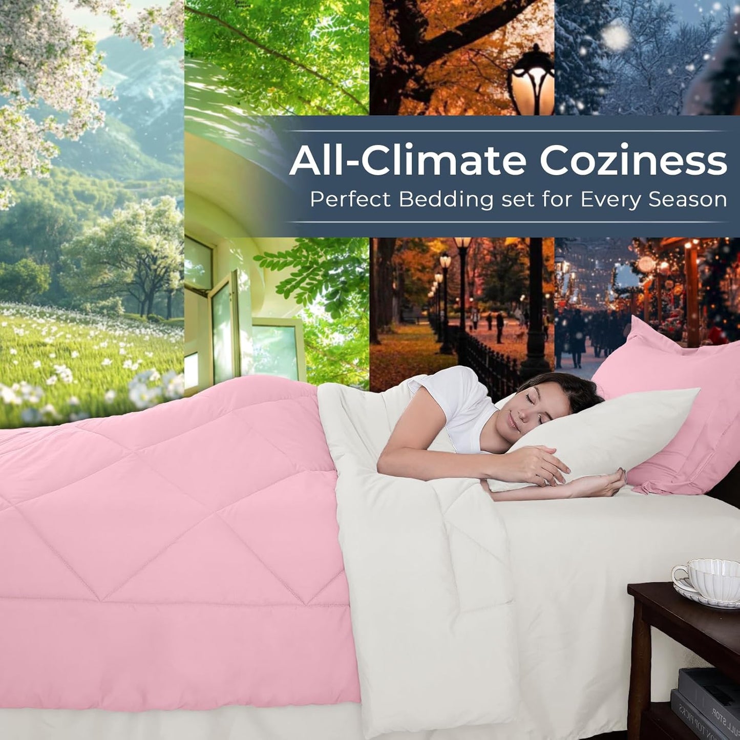 HEVUMYI King Comforter Set - 7-Piece All Season Bed in a Bag King, Ultra Soft Bedding Set with Comforter, Flat Sheet, Fitted Sheet, Pillowcases, Pillow Shams, Pink & Ivory