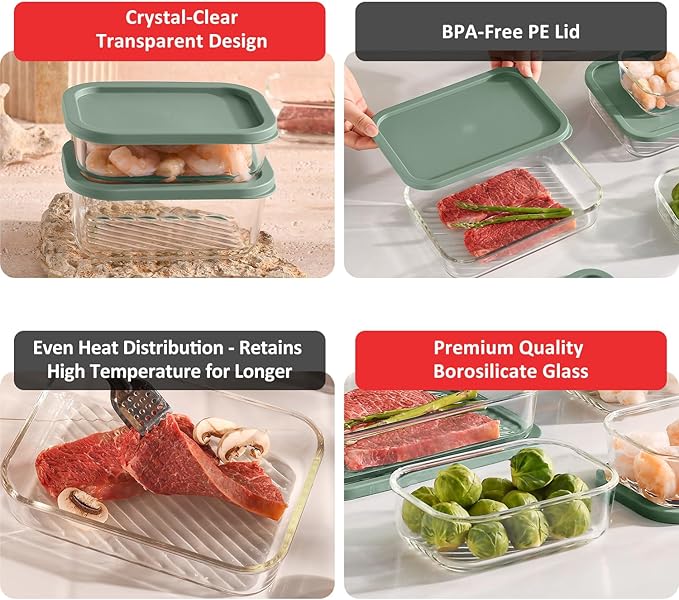 EATEX 6 Pack Glass Meal Prep Containers with Grooved Base, 6 Stackable BPA Free Glass Storage Containers with Lids for Lunch, Pantry, and Kitchen - Microwave, Dishwasher Freezer & Oven Safe - Sage