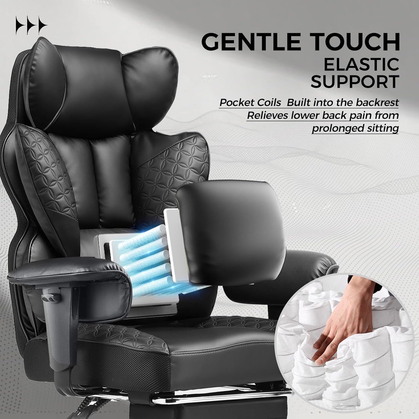 COMHOMA Big and Tall Office Chair 400LBS Wide Ergonomic Gaming Chair with Deluxe Embossing Leather with Foot Rest 150°Reclining Adjustable Armrests Pocket Spring Back Support and Without Pillow