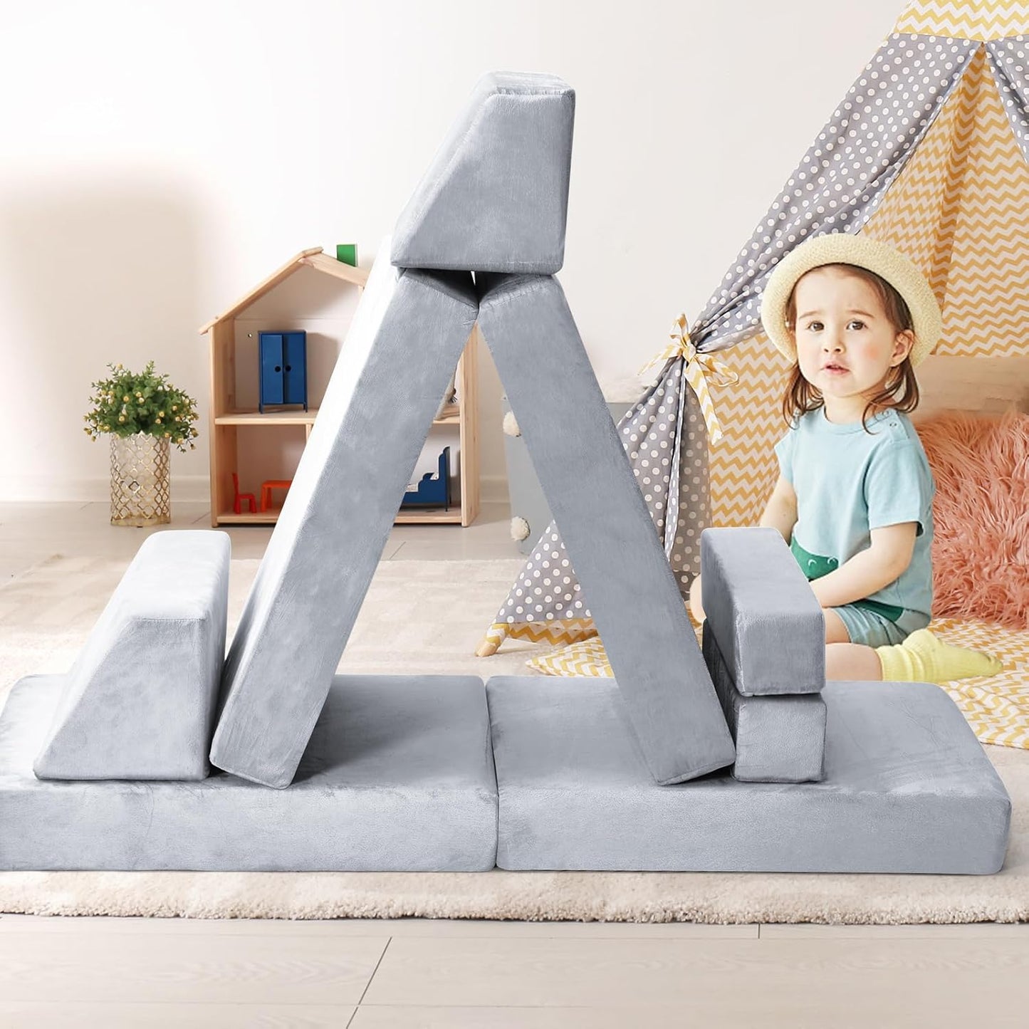 10Pcs Kids Play Couch,Toddler Sofa,Modular Kids Couch for Playing, Creativing, Sleeping (Grey)