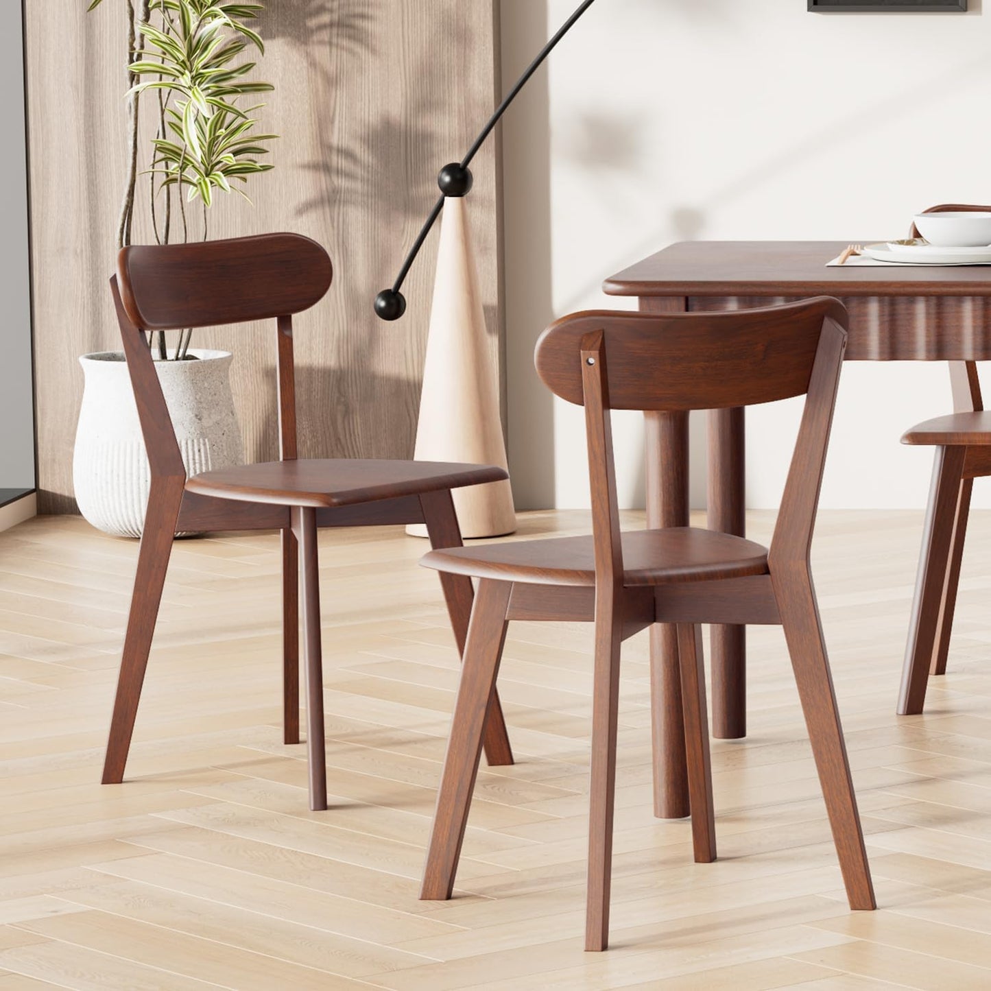Solid Wood Dining Chairs Set of 2, Mid Century Modern Dining Room Chairs with Curved Backrest, Wooden Armless Kitchen Chairs for Dining Room, Space Saving, Walnut
