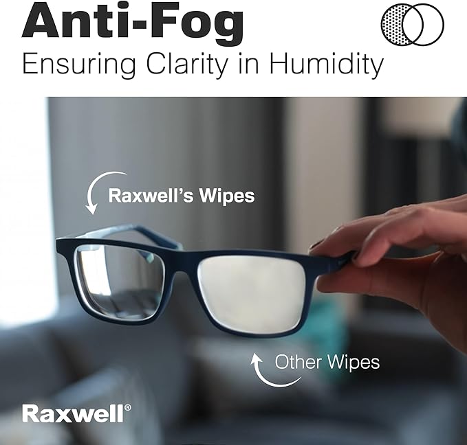Raxwell Anti Fog Lens Wipes for Eyeglasses - 100 Count Unscented Individually Wrapped Sachets - Glasses Cleaner & Screen Wipes Safe on Coated Lenses - Streak-Free