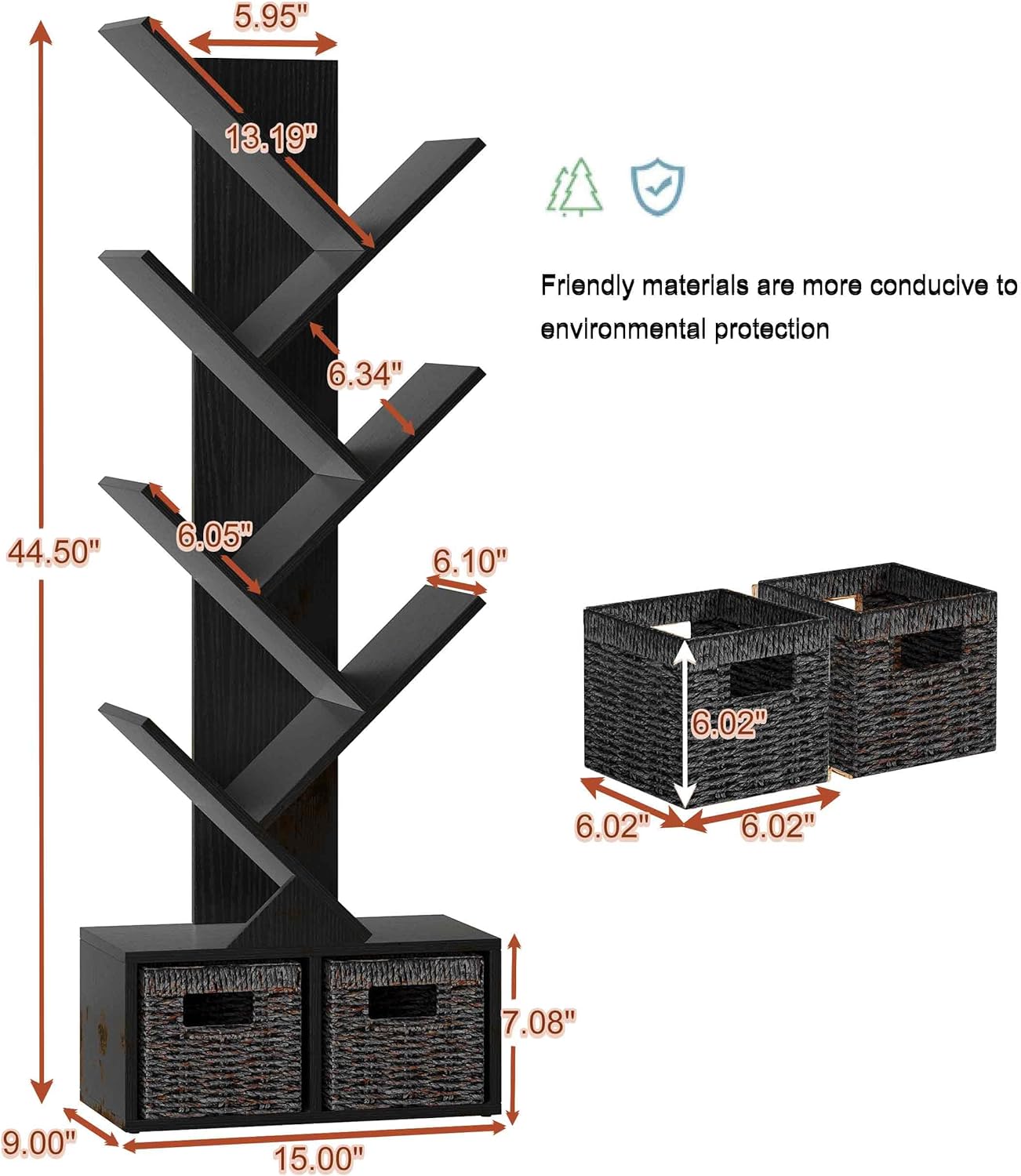 Vagusicc Tree Bookshelf, 6 Tier Bookshelf with Storage, Tall Narrow Bookcase, Rustic Wood Book Storage Rack for CDs/Books, Small Book Organizer Shelves for Bedroom, Living Room, Home Office, Black