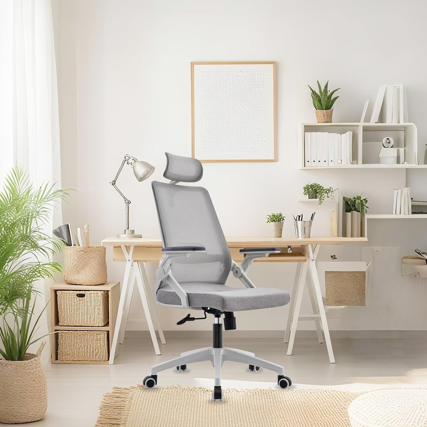 Ergonomic Swivel Task Chair High Back Home Desk Chair Computer Office Chair Mesh Rolling Work Chairs with Headrest and Lumbar Support Grey
