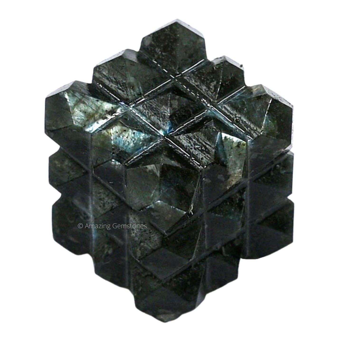 Amazing Gemstone Labradorite Crystal Cube with 54 Pyramid - 1" Mini Lemurian Pyramid Cube Figurine of Natural Stone Pyramid for Meditation, Reiki, Chakra Balancing Vastu Pooja and Crystal Grids