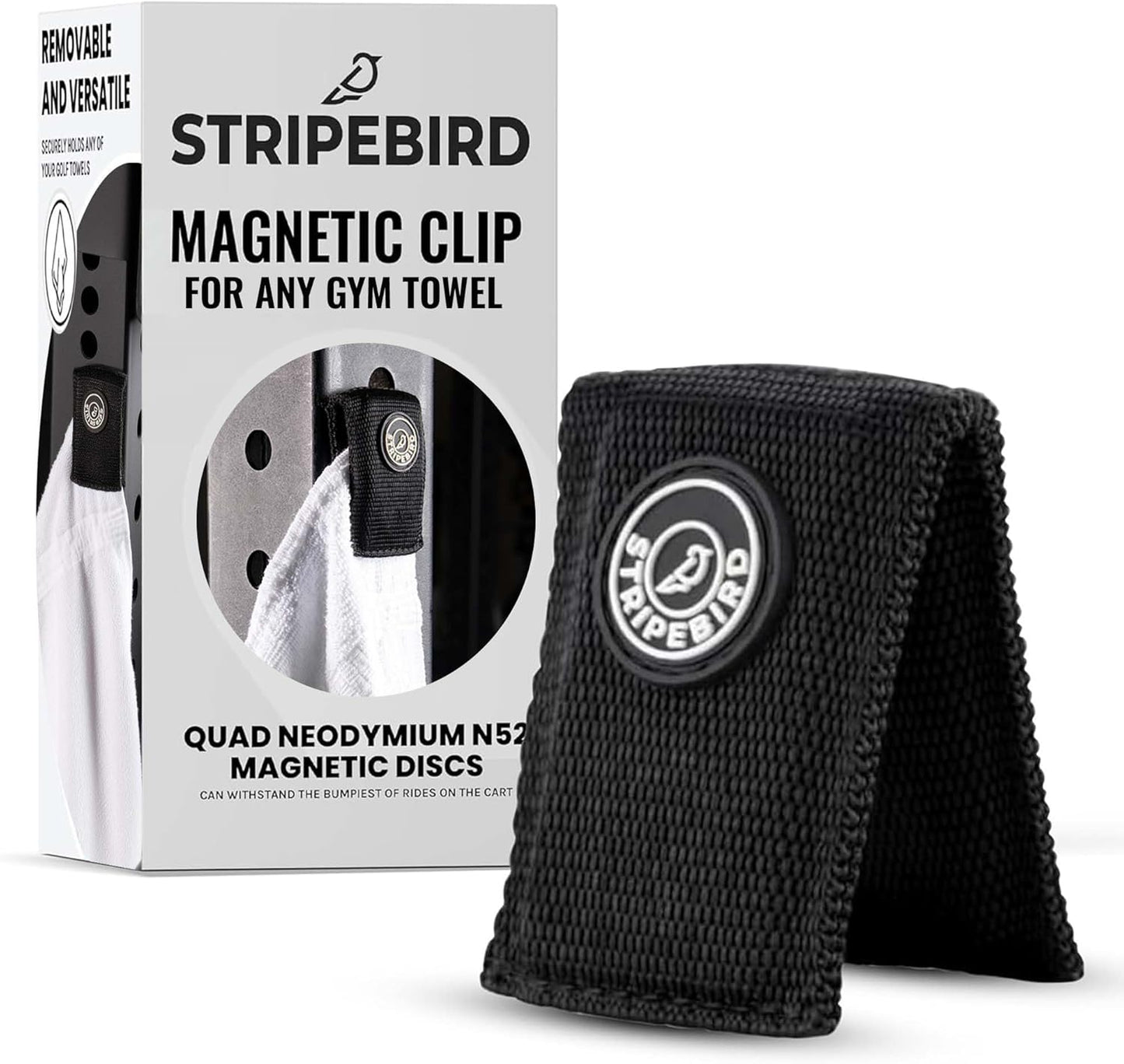 Stripebird - Magnetic Clip for Any Workout Towel (Black) - Highest Strength Magnet for Gym Towel - Removable from Towels - Magnetic Fitness Towels for Men