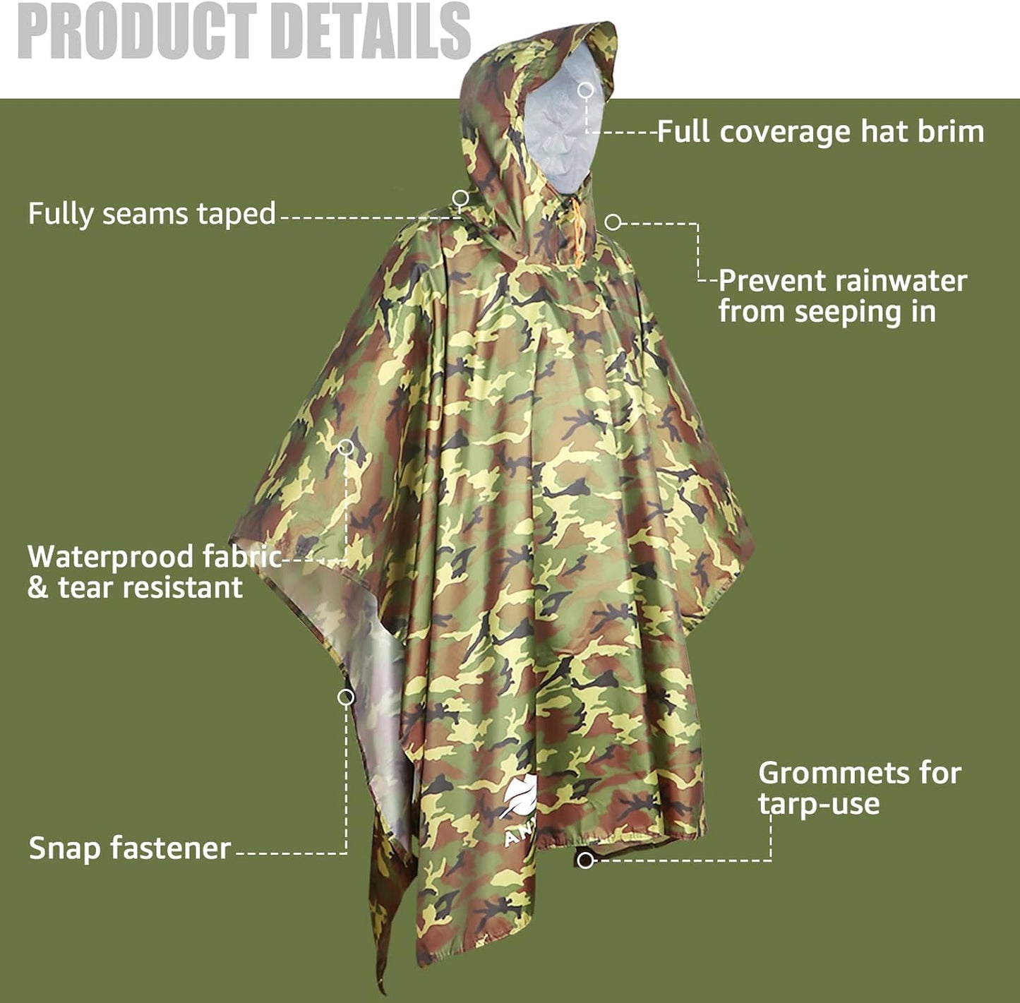 ANYOO Hooded Rain Poncho for Adults Waterproof Lightweight Rain Coat for Men Women Reusable Rain Jacket for Emergency Outdoor