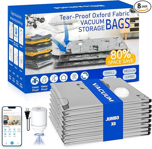 8 Pack Jumbo Vacuum Storage Bags with Pump, Smart App Tracking, 8 Stickers & 1 Marker – Tear-Proof Oxford Fabric, Leak-Proof, Reusable Vacuum Seal Bags for Clothing, Blankets, Bedding, Comforters