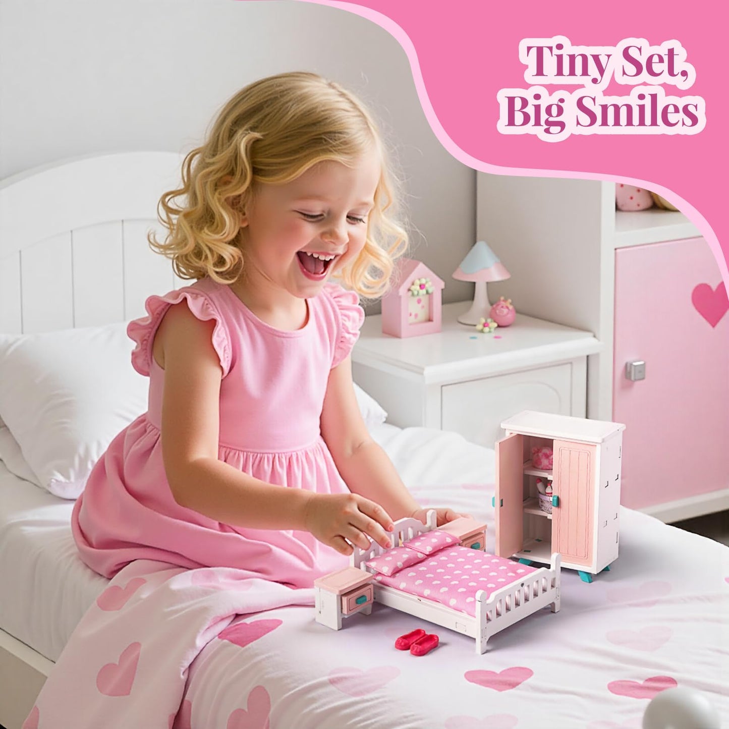 BABESIDE Mini Dollhouse Bedroom Furniture Set,7 PCS Pink Wooden Doll House Accessories for 3 Inch Dolls with Bed, Nightstands, Wardrobe, Pillows & Mattress – Gift for Girls, Kids Miniature Room Toy