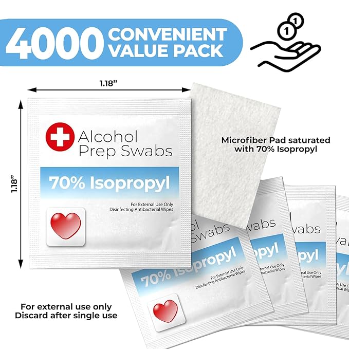 Alcohol Prep Pads - 70% Isopropyl Alcohol Wipes, 4000 Pack Individually Wrapped Alcohol Pads Bulk - Great for Home, Medical and First Aid Kits