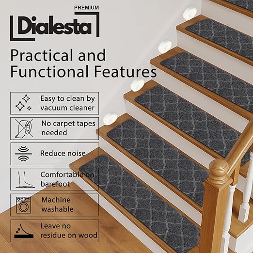 Stair Treads for Wooden Steps Indoor, Includes 15 Non-Slip Carpet Mat 8x30in with 5 Motion Sensor Lamps, Peel & Stick Carpet Stair Treads,Safety Stair Rugs for Kids, Elderly and Pets (Dark Gray)