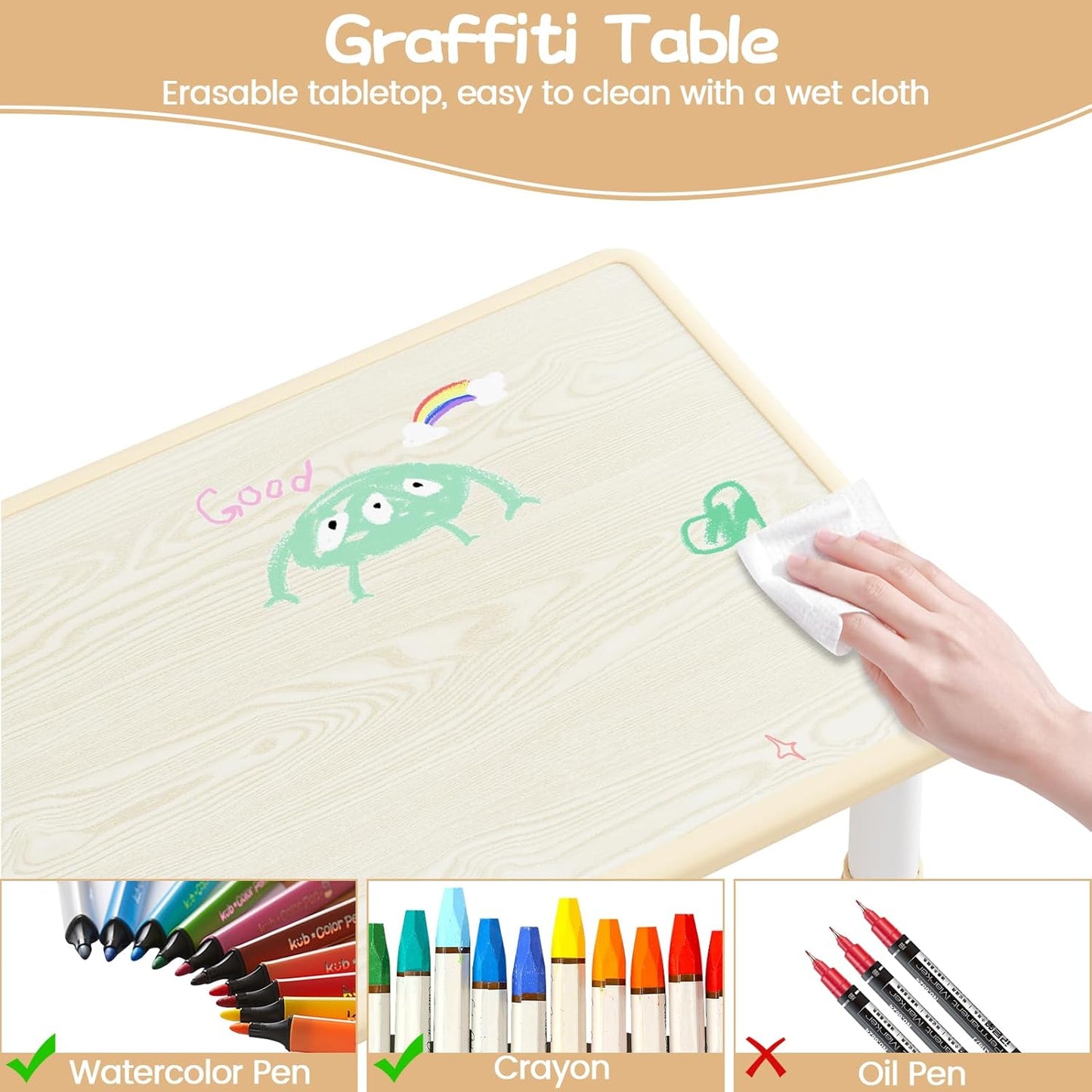 GarveeHome Kids Table and 2 Chairs Set, Height Adjustable Toddler Table and Chair Set for 2, Graffiti Desktop, Non-Slip Design, Children Table for Home Daycare Preschool for Ages 2-8, Beige