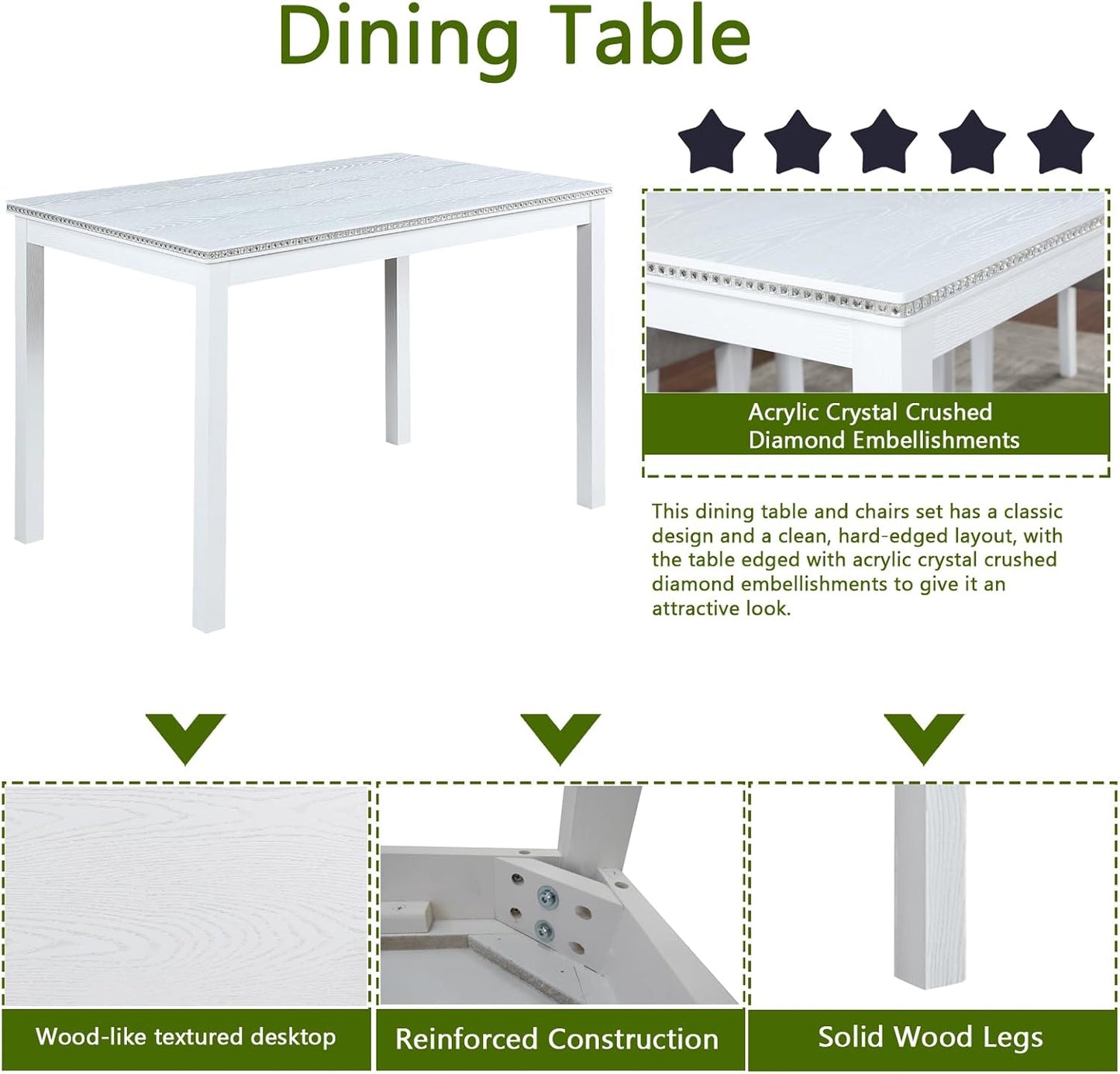 KEIKI 5-Piece Standard Height Dining Table Set with Rectangular Table and 4 Upholstered Chair, for 4 Person, Modern Crystal Decoration Wooden Table Set, Easy Assembly, for Kitchen, Dining Room, White