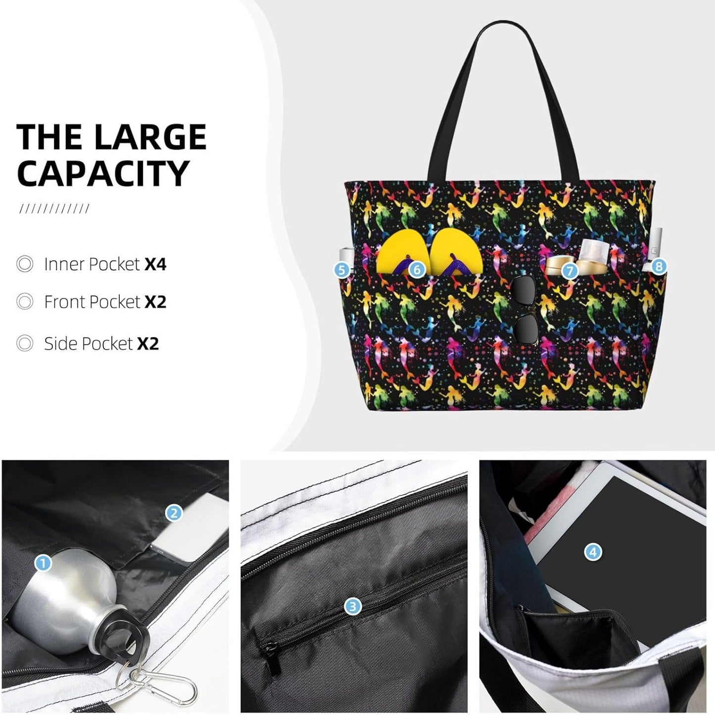Beach Bag for Women Beach Tote Bag Waterproof Sandproof Large Bags with Zipper Big Capacity for Vacation Travel