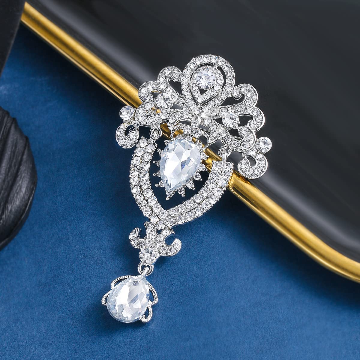 MEEDOZ 2 Pieces Crystal Rhinestone Marquise Pear-Shaped Teardrop Flower Brooch Pin Set for Women DIY Bridal Wedding Bouquet Kit (Silver-02)