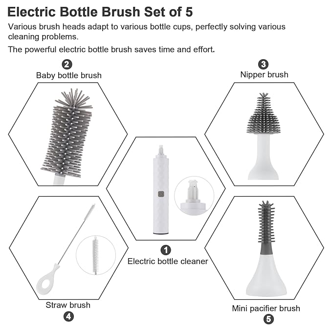 Cleaning Brush Set with USB Rechargeable Electric Bottle Brush, 3-Piece Replaceable Silicone Bottle Brush and 8 * 12 inch Silicone Drying mat,Straw Brush Included in Storage Box(White)
