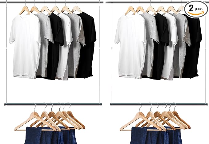 Hanging Closet Rod, 17-29In Adjustable Width and Up to 37In Height Adjustable Closet Rod Extender, Double Closet Rods Hanging Bar, Space-Saving Tension Hanging Organizer, Chrome, 2 Pack