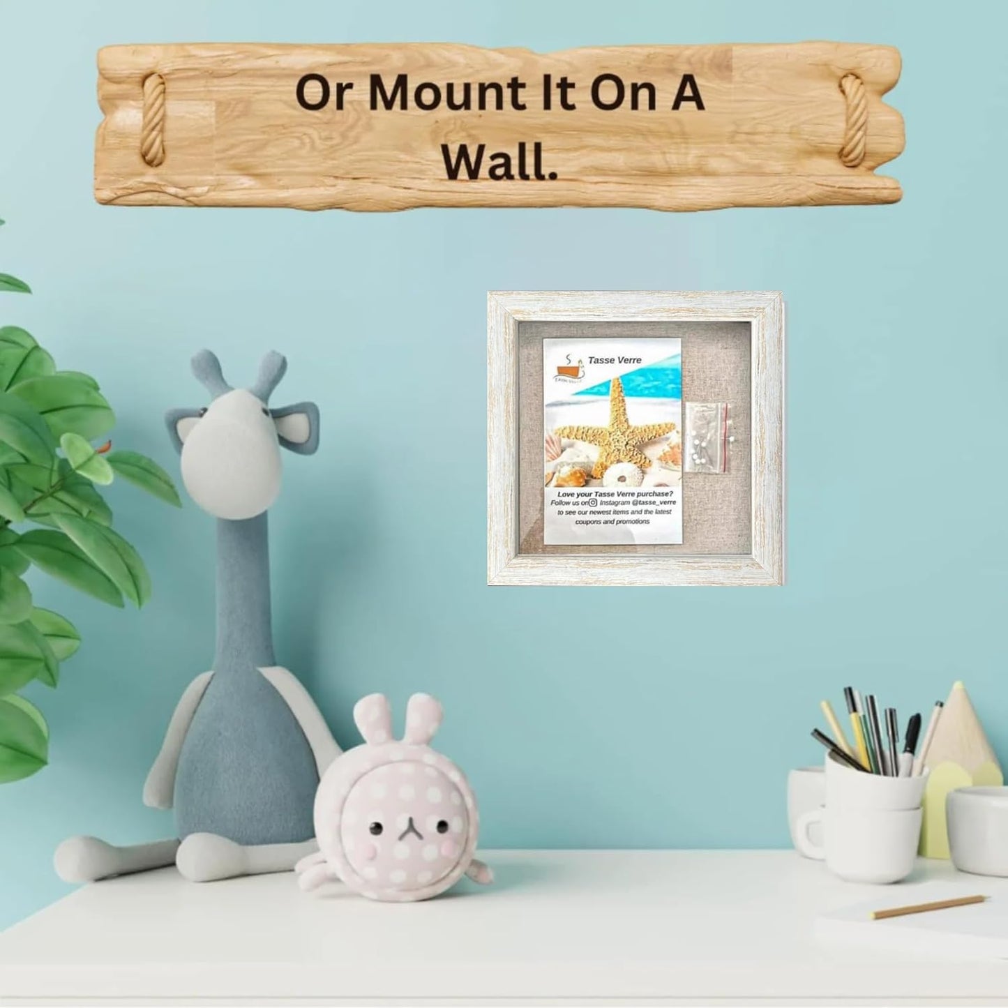 Tasse Verre 8x8 Rustic Display Shadow Box (2-Pack) Frame w/Linen Background and 16 Stick Pins - Ready to Hang Shadowbox Picture Frame - Box Display Baby Memorabilia Wedding