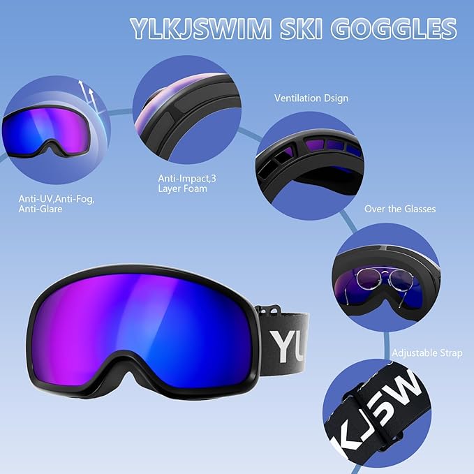 Ski Goggles for Men Women, OTG Snow Goggles, UV Protection Snowboard Goggles for Adult & Youth, Snowmobile, Sledding