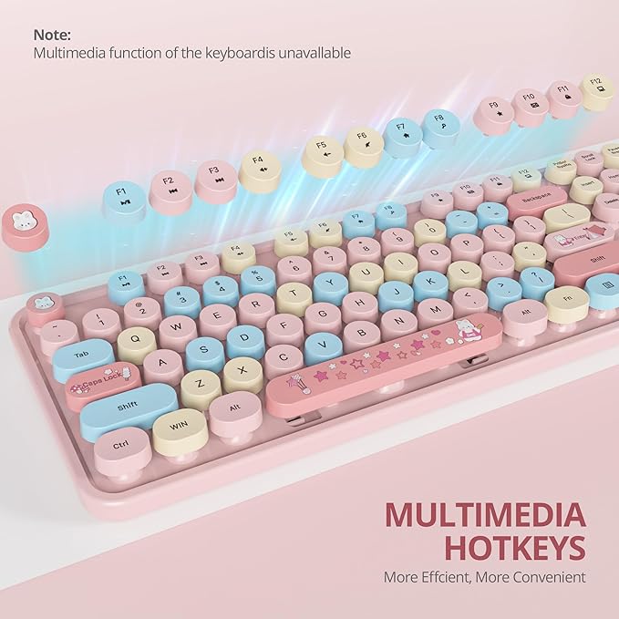 Wireless Keyboard and Mouse Set, Retro Typewriter, 2.4GHz Full Size 104-Key Cute Keyboard with Number Pad, Colorful Keyboard with Round Keycaps for Windows PC Laptop(Strawberry)