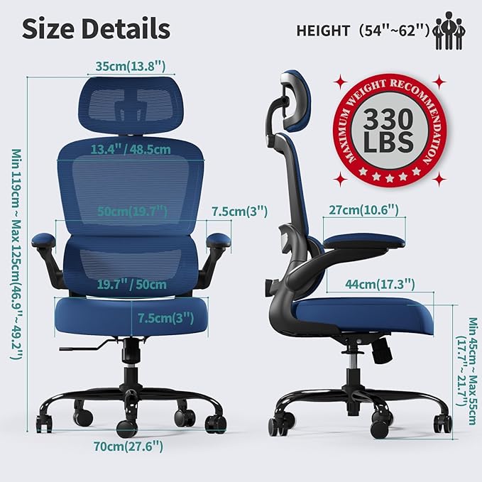 TRALT Office Chair Ergonomic Desk Chair, 330 LBS Home Mesh Office Desk Chairs with Wheels, Comfortable Gaming Chair, High Back Office Chair for Long Hours (Dark Blue)