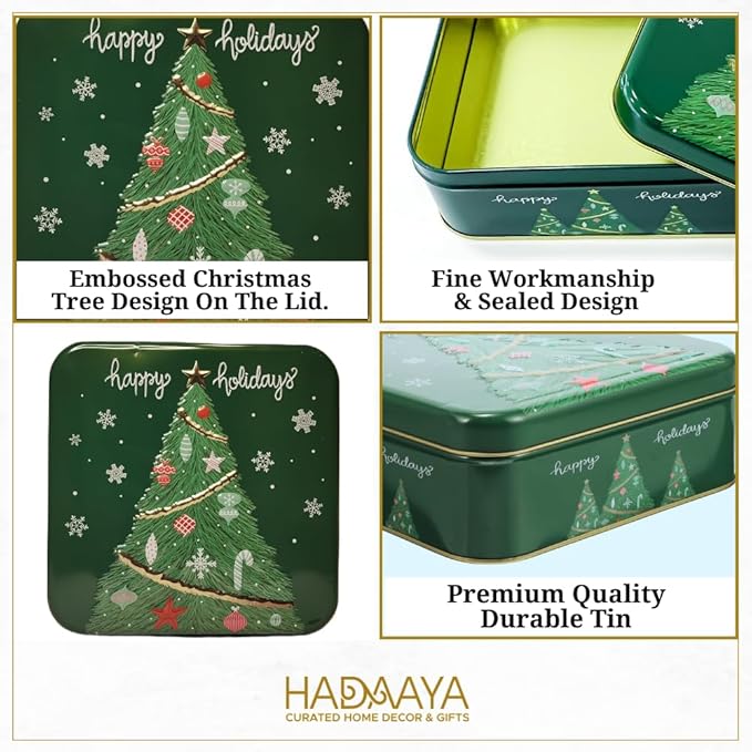 Square Christmas Tin Bundle – Set of 3 Holiday Cookie & Gift Tins (Green Tree, Red Snowflake, Blue Snowflake Truck) – Festive Containers for Cookies, Candy, Treats & Seasonal Gifting