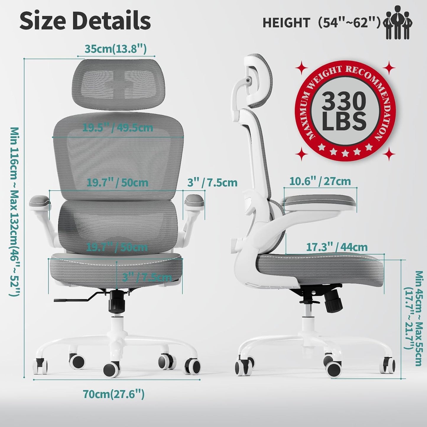 TRALT Ergonomic Office Chair - Desk Chair with Adjustable Headrest Lumbar Support Computer Chair - Mesh Comfy Chair with Flip-up Armrests - Gaming Chairs for Adults Home Office (Leather, Grey)