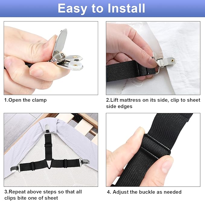Bed Sheet Straps, 6 Pack Fitted Bed Sheet Fasteners Clips Adjustable Crisscross Bed Sheet Holder Straps for Corners Mattress Sheet Suspenders Grippers Bedding Accessories, Black