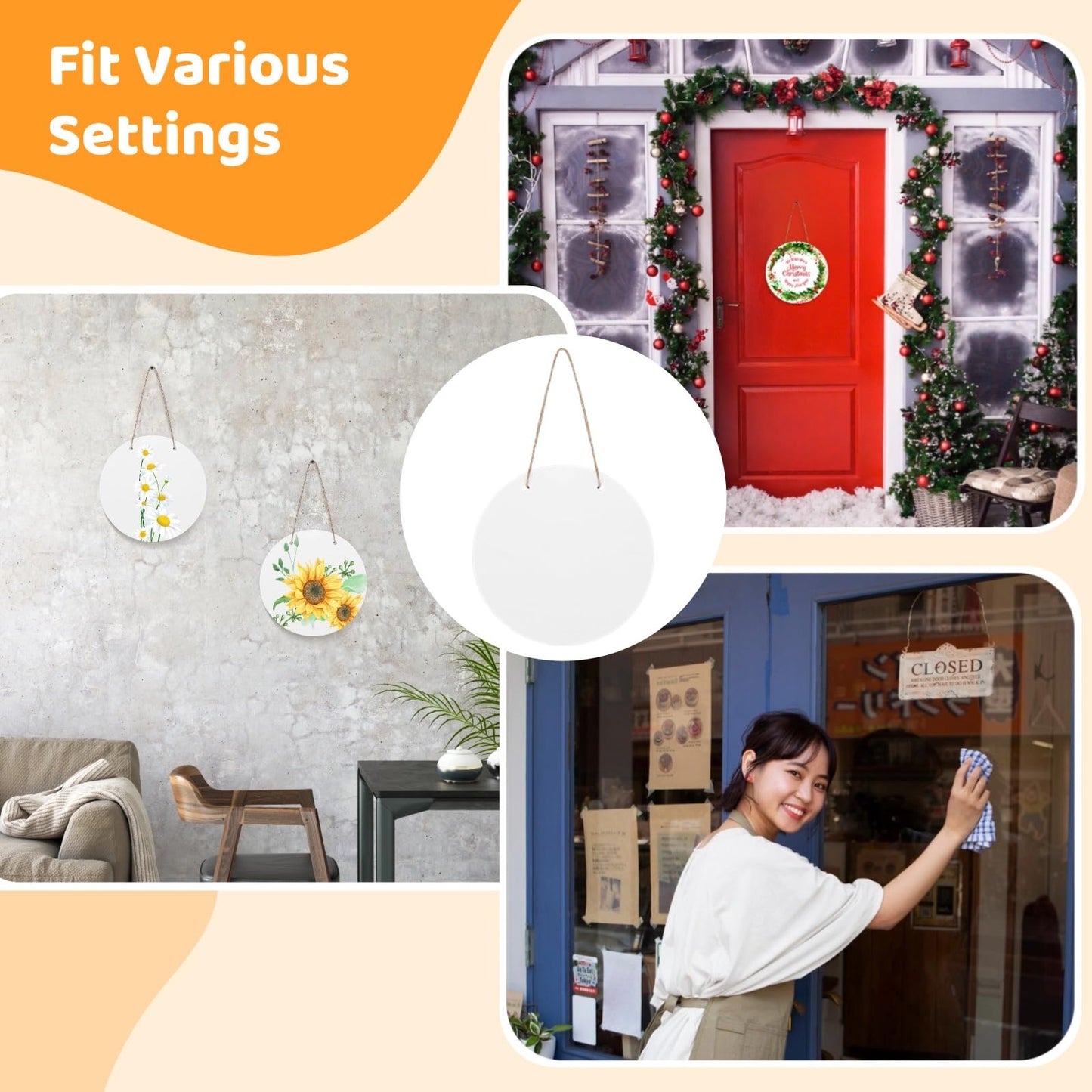 10 Pcs Sublimation Door Hanger Blanks - 12 Inch Round Unfinished MDF Wood Sign Blanks for Heat Press, White Wall Hanging Ornaments with Rope for DIY Decoration