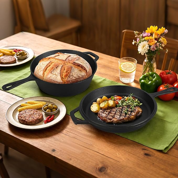 5 Qt Cast Iron Dutch Oven with Skillet Lid, 2-in-1 Sourdough Dutch Oven, Dutch Pot with Bread Baking Supplies