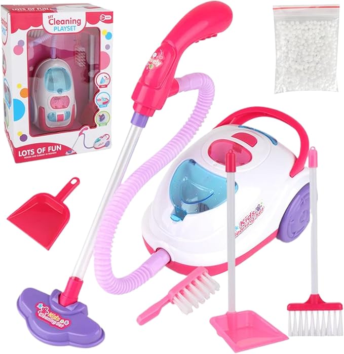Kids Cleaning Toy Set, Includes Toy Vacuum, 2 Broom, 2 Dustpan ABS Vacuum with Light & Sound Battery Operated for Educational Pretend Play