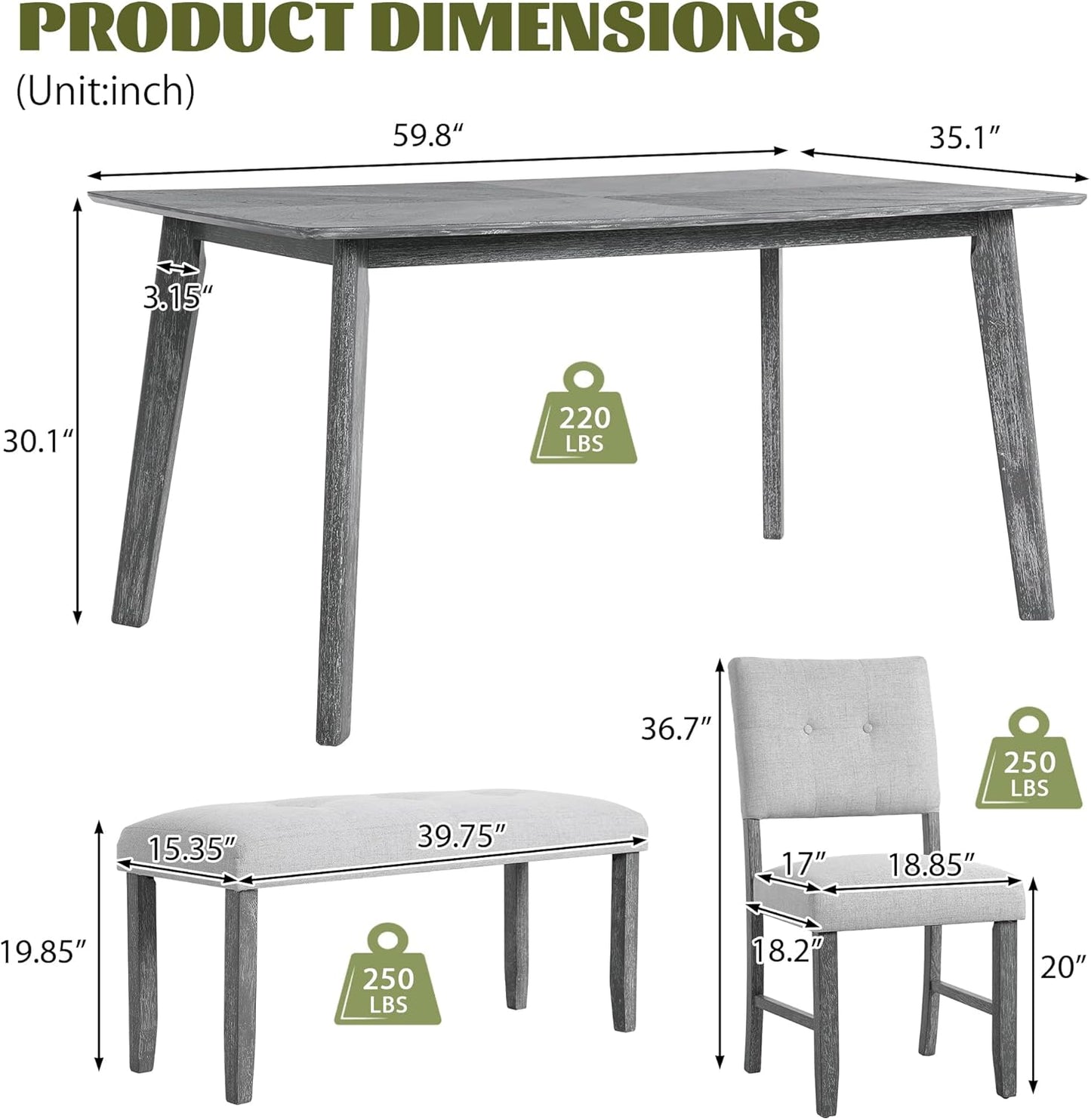 Merax 6 Piece Solid Wood Dining Table Set for 6, Rustic Farmhouse Rectangular with 4 Upholstered Wooden Chairs and 1 Bench, Kitchen Room, Gray