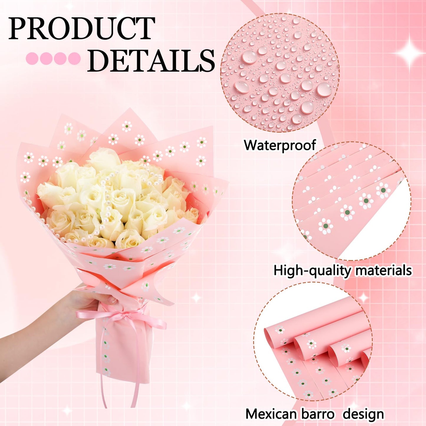 Fullhawl 20 Sheet Mexican Bouquet Wrapping Paper Flower Bouquet Waterproof De Barro Wrapping Paper for Cielito Lindo Party Baby Shower Mother's Day Floral Gift Wrap DIY Wedding Birthday(Pink)