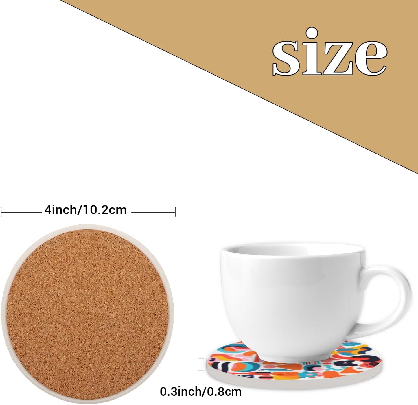 Ceramic Coasters for Drinks with Cork Back,Colorful Abstract Shapes 4 Inch Absorbent Coaster Set 4 Pack, Quick Dry Non-Slip Coaster Mats for Home, Office, Bar