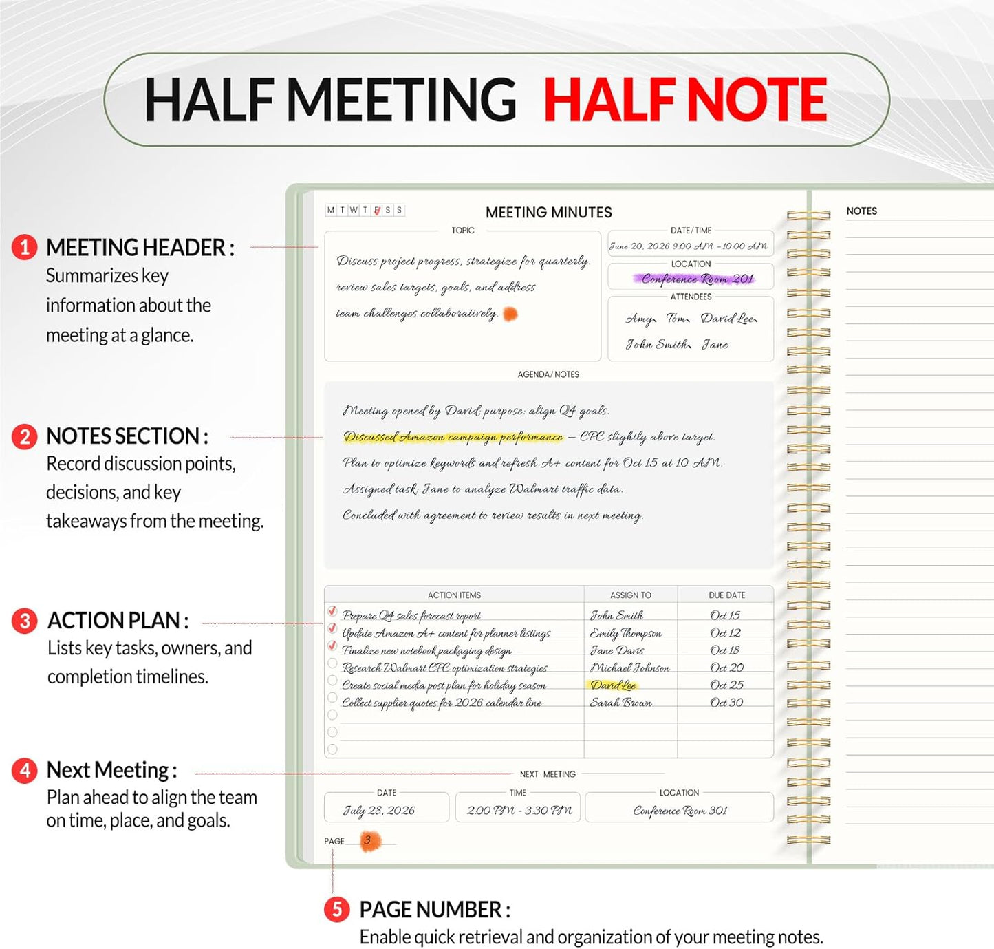 SUNEE Half Meeting Half Note 8.5"x11" Notebook for Work – 140 Pages, A4 Size Project Planner for Women&Men, Minutes Organizer for Meeting Notes, Ideas for Office/Business, PVC Waterproof Cover, Green