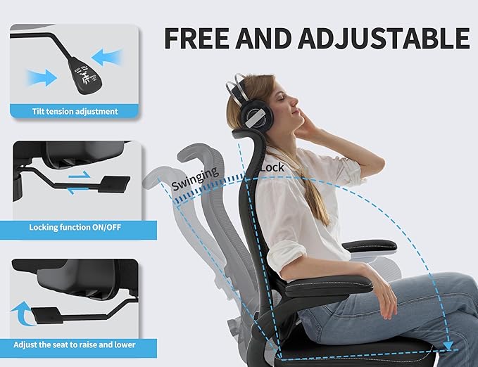 TRALT Ergonomic Office Chair - Desk Chair with Wave High Back Adjustable Lumbar Support Computer Chair - Gaming Chairs Mesh Backrest and PU Leather Seat for Home Reading Chairs to Adults(Black)