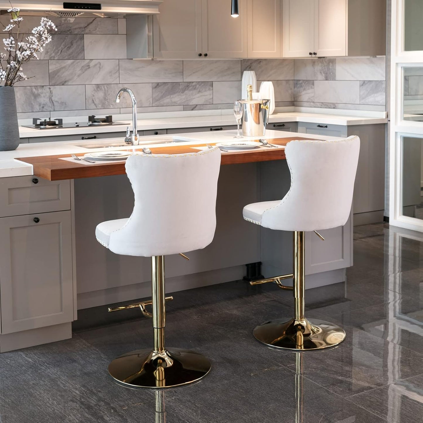PacknWood Acosure Golden Swivel Velvet Barstools Adjusatble Seat Height from 25-33" with Comfortable Tufted,Modern Upholstered Chrome Base Bar Chairs,for Home Pub Kitchen,Beige,Set of 2