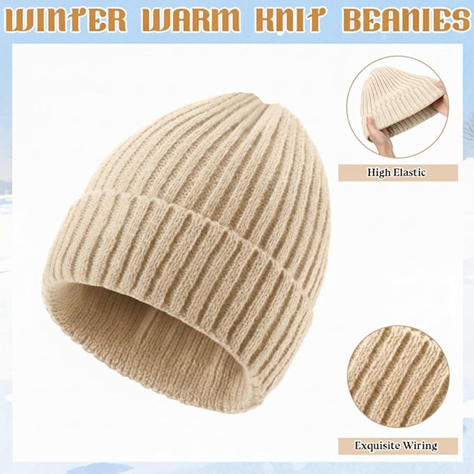 SATINIOR 5 Pcs Winter Beanie Hat Scarf Gloves Set Fleece Lined Knit Hat Warm Touch Screen Gloves Earmuff Warmer for Women(Beige,Fashion Non-fleece Lining)