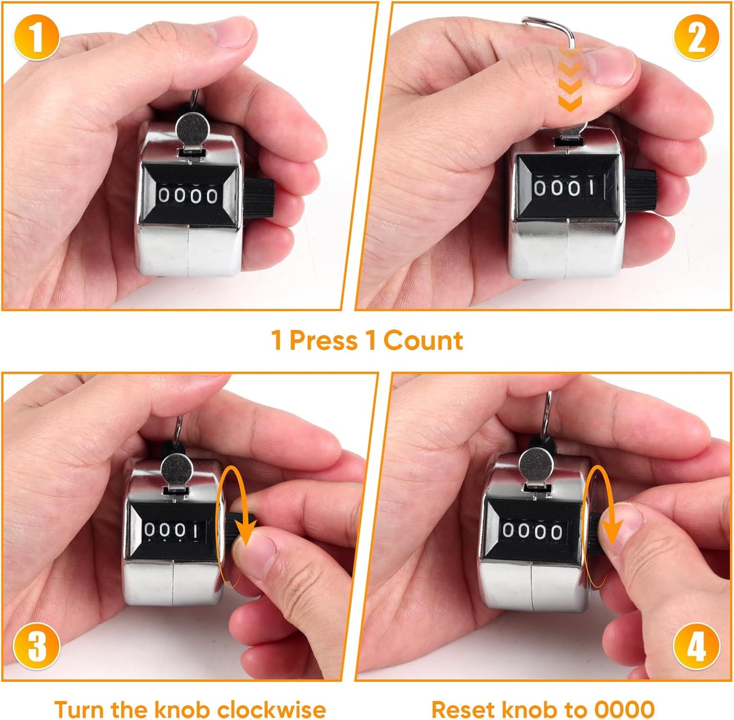 Metal Handheld Tally Counter, Clicker Counter with 4 Digit Display, Hand Mechanical Counter for Counting, Golf, Baseball, Knitting, Coaching, Fishing and Laps