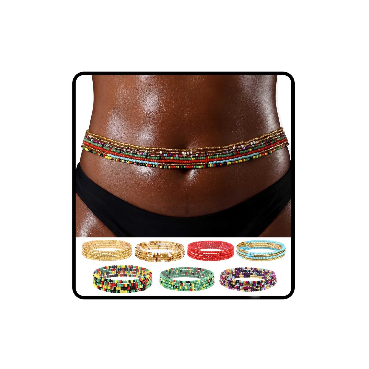 ELABEST Plus Size African Waist Beads Chain Layered Belly Body Chain Beach 7Pack Waist Jewelry Body Accessories for Women and Girls (43.3inch/110cm)
