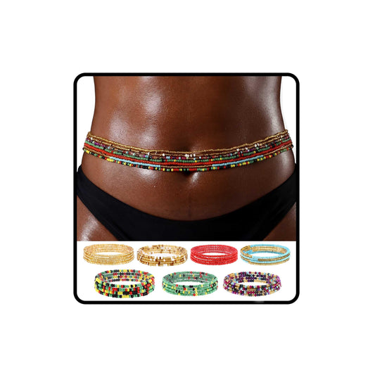 ELABEST Plus Size African Waist Beads Chain Layered Belly Body Chain Beach 7Pack Waist Jewelry Body Accessories for Women and Girls (43.3inch/110cm)