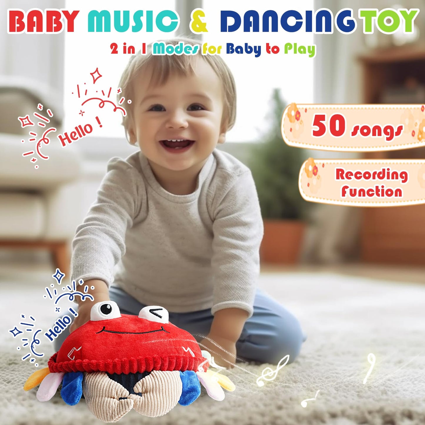 YideOtmz Baby Toys 18 Months - Crawling Crab Tummy Time Toy with Musical Dancing Walking Bouncing Learning, Toddler Sensory Travel Toys for Boys & Girls, Birthday Gifts