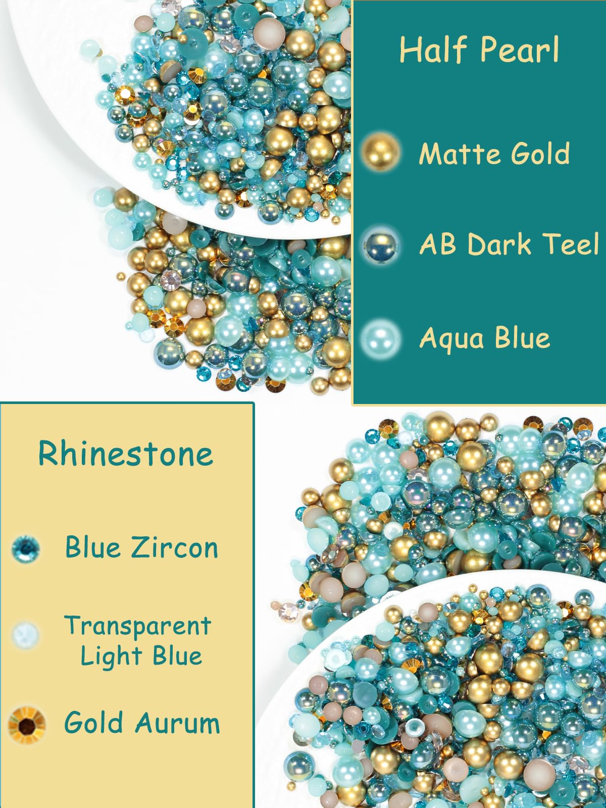 Rhinova 100g Mix Pearls and Rhinestones for Crafting, Sizes Range 3mm-10mm Pearl Beads for Bedazzler Rhinestones for Bedazzling Pearls for Crafting Sock Charms Nail Shoe Mugs (Regal Turquoise Mix)