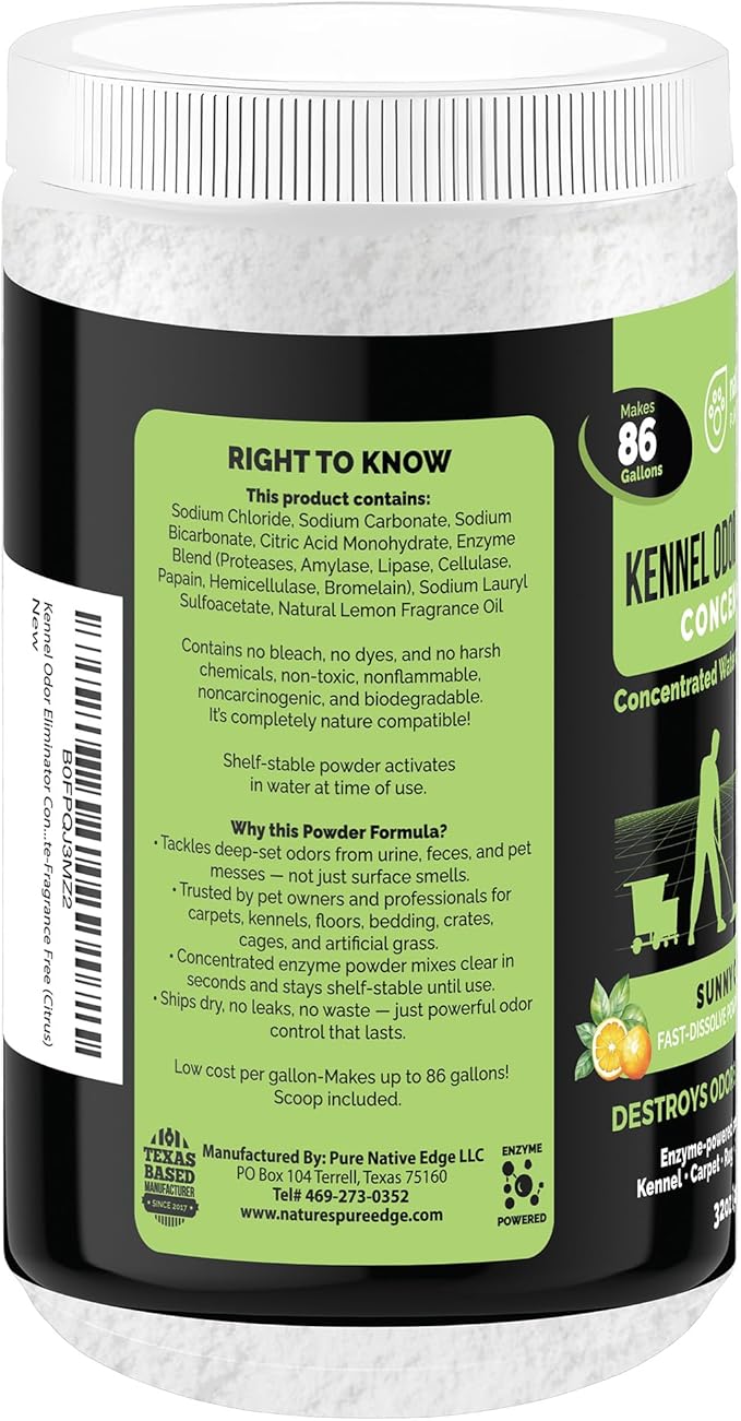 Kennel Odor Eliminator Concentrate – Enzyme Powder for Pet Odor, Urine & Poop – Safe for Carpets, Crates, and floors – Makes 86 Gallons – Sunny Citrus Scent- Industrial Pet Urine Odor Eliminator