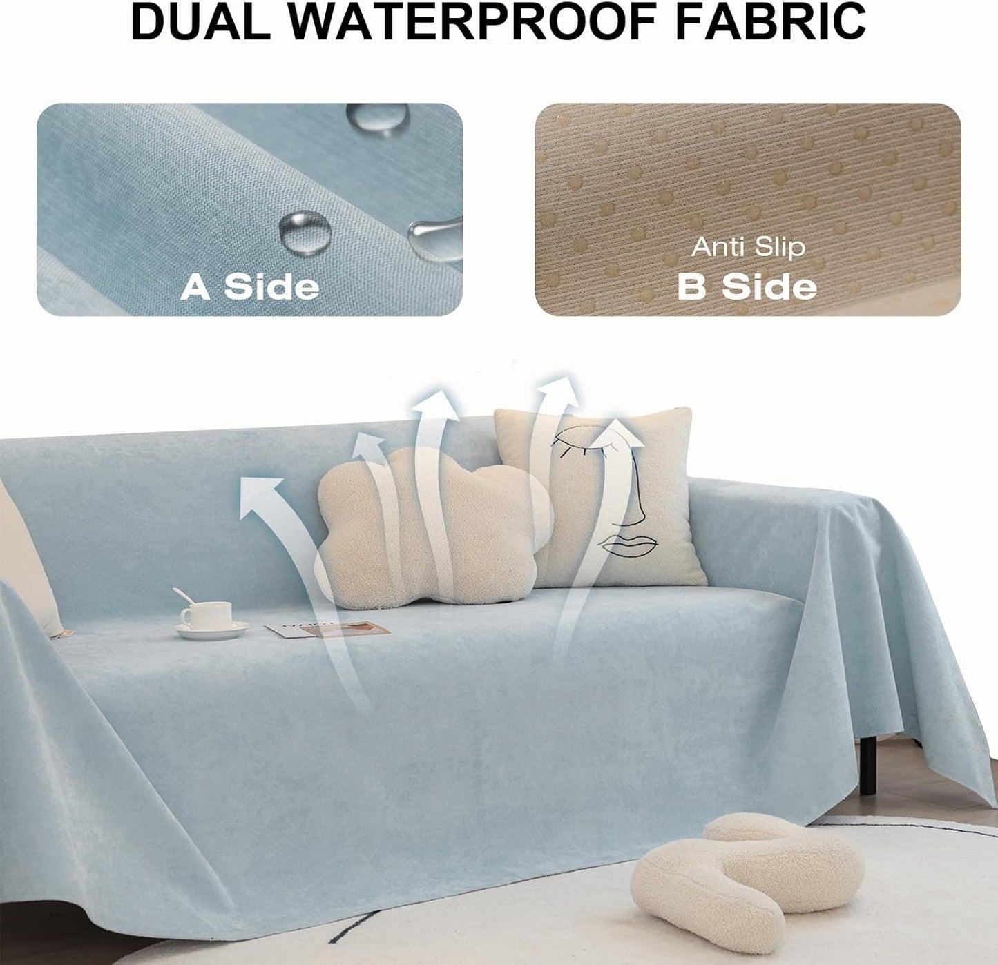 STACYPIK Waterproof Sky Blue Loveseat Couch Cover for Sectional, Couch Cover for Dogs, Anti-Slip Anti-Cat Scratch Furniture Protector for 2 Cushion Couch, Modern Couch Cushion Covers for Pets-71X90IN