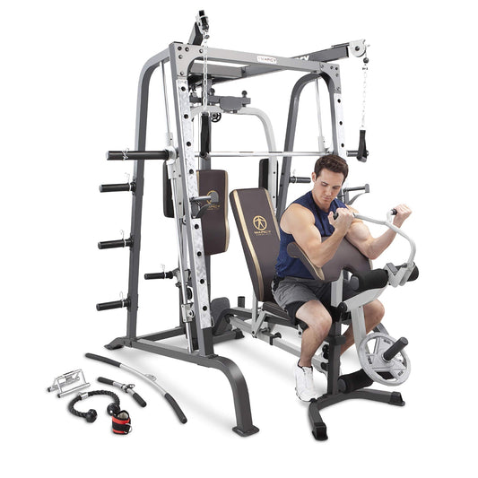 Marcy Power Cage, 1900 lbs Multi-Functional Smith Machine Cage System for Home Gym Training, with Leg Developer, Press Bar, and Squat Rack, Silver