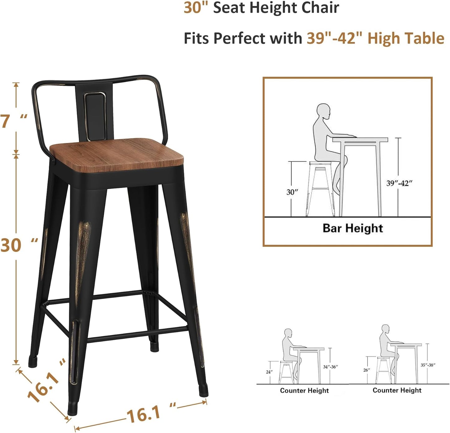 WENTMENT Bar Stools Set of 4 Counter Height Bar Stools Metal Barstools with Removable Back 30" Kitchen Bar Stools with Wooden Seat, Distressed Black