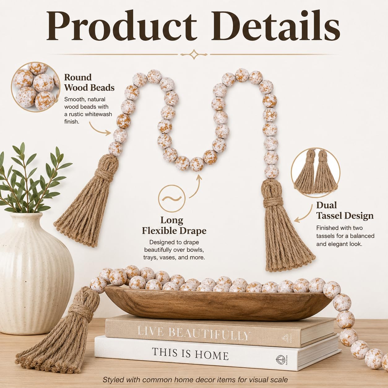 IMIKEYA Wooden Beads Garland: Farmhouse Wood Bead Garland with Tassels Boho Wall Hanging for Home Decor Tiered Tray Rustic Wood Prayer for Coffee Table Decor